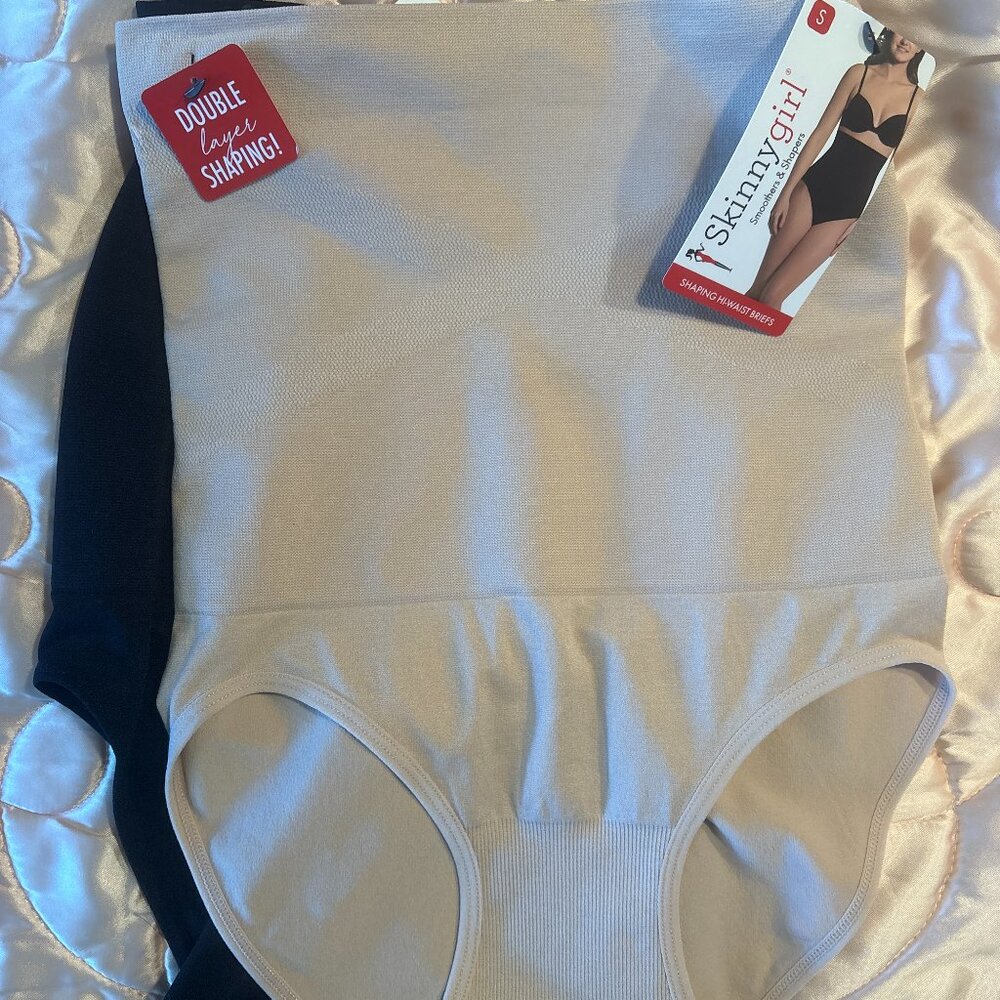 2 SMALL Skinnygirl SHAPING HI-WAIST BRIEFS Beige Black Tummy Panel NEW